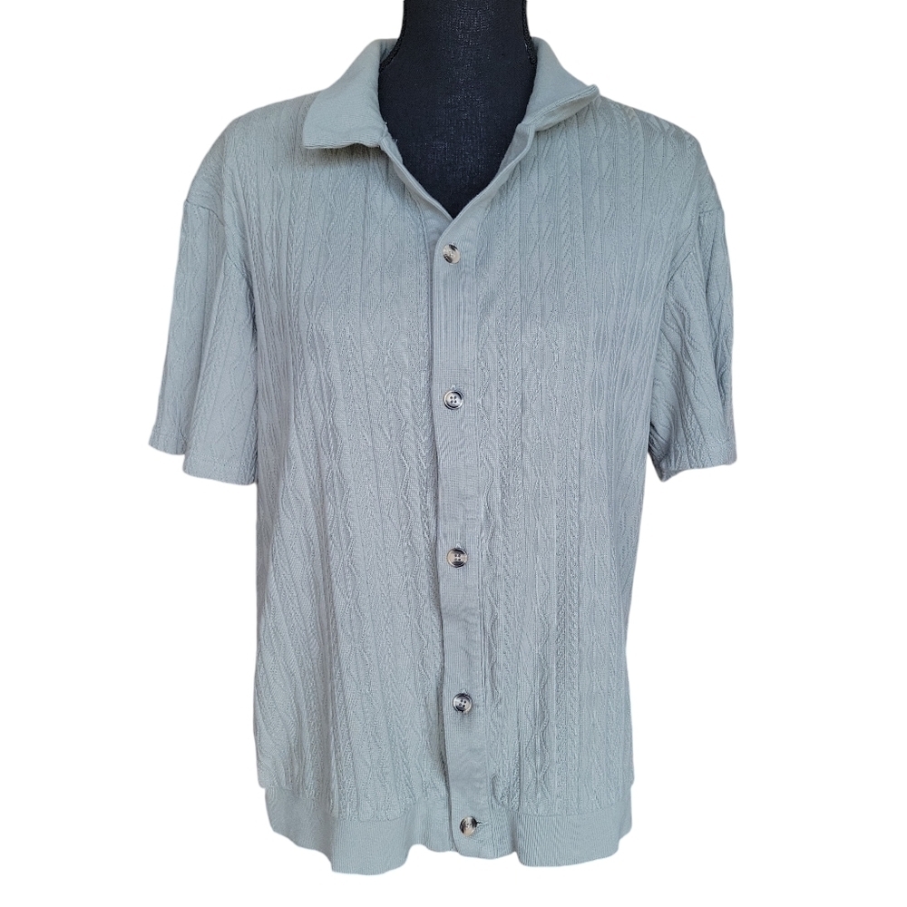 Zara Pastel Sage Green Ribbed Knit Collar Short Sleeve Shirt Women's Size M